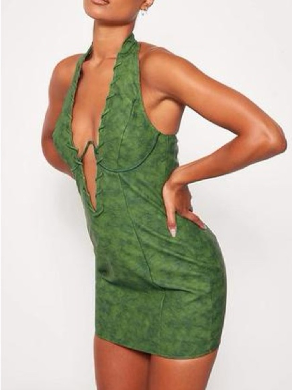 PrettyLittleThing Green Halter PU Faux Leather Plunge Mini Dress Body-con